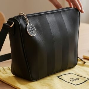 Fendi Vintage Pequin Black Striped Coated Canvas Crossbody Bag